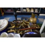 A Tray of Brass and other Ornaments, Flat Iron, Guernsey Jug, Candlestick, Shoehorns etc