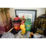 A Tray Containing Rumtopf Fruit Decorated Jar, Majolica Cockerel, Cockerel Needlepoint and Botanic