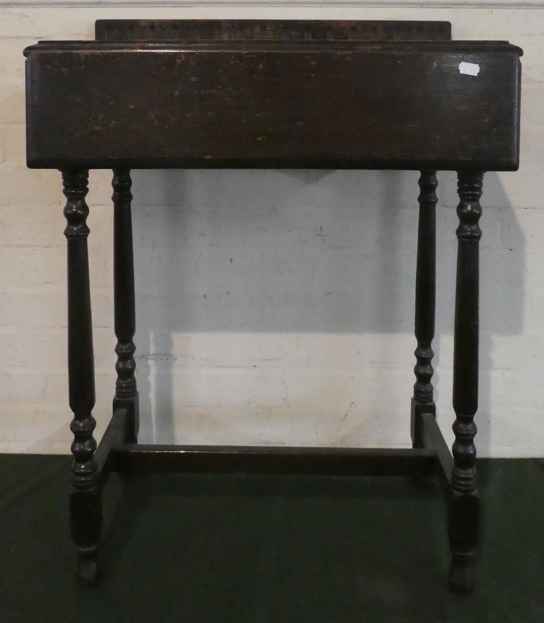 An Oak Galleried Side Table with Front Drop Leaf and Carved Detail To Top, 61cm Wide