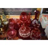 A Tray Containing Victorian and Later Cranberry Glass, Overlaid Ruby Glass etc