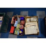 Two Boxes Containing Vintage Tins, Vintage Newspapers, Cigarette Cards etc