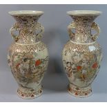 A Pair of Oriental Satsuma Vases with Stylised Chilong Handles Decorated with Panels Depicting