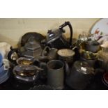 A Tray Containing Various Silverplate and Pewter Teawares and Tankards etc