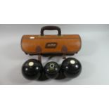 A Pair of Greenmaster Lawn Bowls and Jack in Leather Mitre Carrying Case