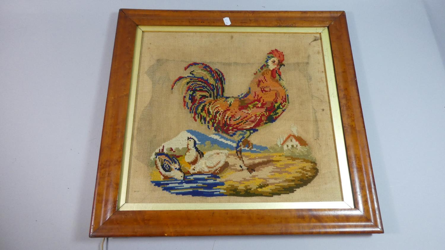 A Maple Framed Tapestry Depicting Cockerel Standing by Chicks Drinking, 43cm Wide