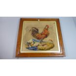 A Maple Framed Tapestry Depicting Cockerel Standing by Chicks Drinking, 43cm Wide