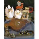 Two Trays Containing Brasswares, Bellows, Swan Planters, Staffordshire Flatback, Continental