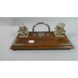 A Silver Plate Mounted Wooden Desk Top Inkstand with Two Glass Bottles, 26cm Wide