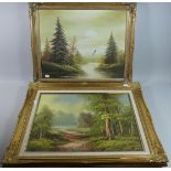 Two Gilt Framed Oils on Canvas Depicting Woodland Path and Birds Over Lake, The Largest 49cm