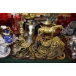 A Tray Containing Various Brasswares to Include Racehorse Ornament, Handbell, Pair of Candle Sticks,