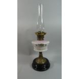 A Late Victorian Brass Mounted Oil Lamp with Painted Opaque Glass Reservoir and Plain Chimney, Brass