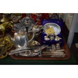 A Tray of Silver Plate and Six Silver Handled Butter Knives, Silver Plate to Include Cased Cruet
