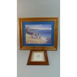 A Framed Print Depicting Edwardian Children at Seaside and a Print of a Poppy