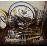 A Tray Containing a 19th Century Three Piece Silver Plate Coffee Service, Silver Plated Cutlery