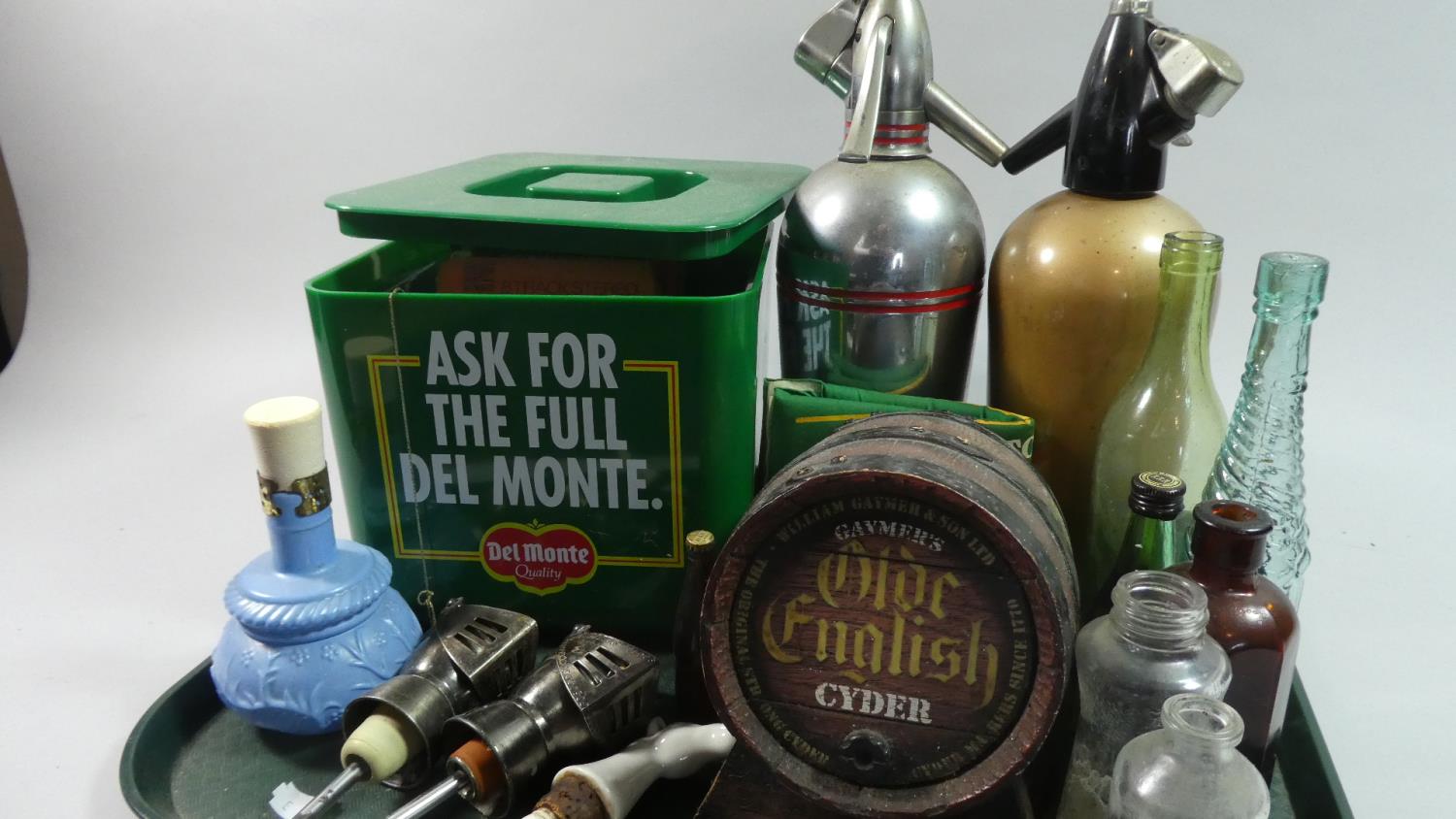 A Tray of Sundries to Include Two Vintage Soda Siphons, Two Knight Helmet Spirit Pourers, Collectors - Image 3 of 3