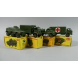 Four Boxed Dinky Military Toys. Army Covered Wagon (623-Box AF), Military Ambulance (626),