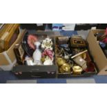 Two Boxes of Sundries to Include Ceramics and Glassware, Metalwares, Cash Tins, Money Boxes etc