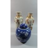 A Oriental Blue and White Ginger Jar Together with Pair of Vases, One Glued