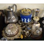 A Tray of Silver Plate to Include Coffee Pot, Muffin Dish, Cutlery, Cruet etc