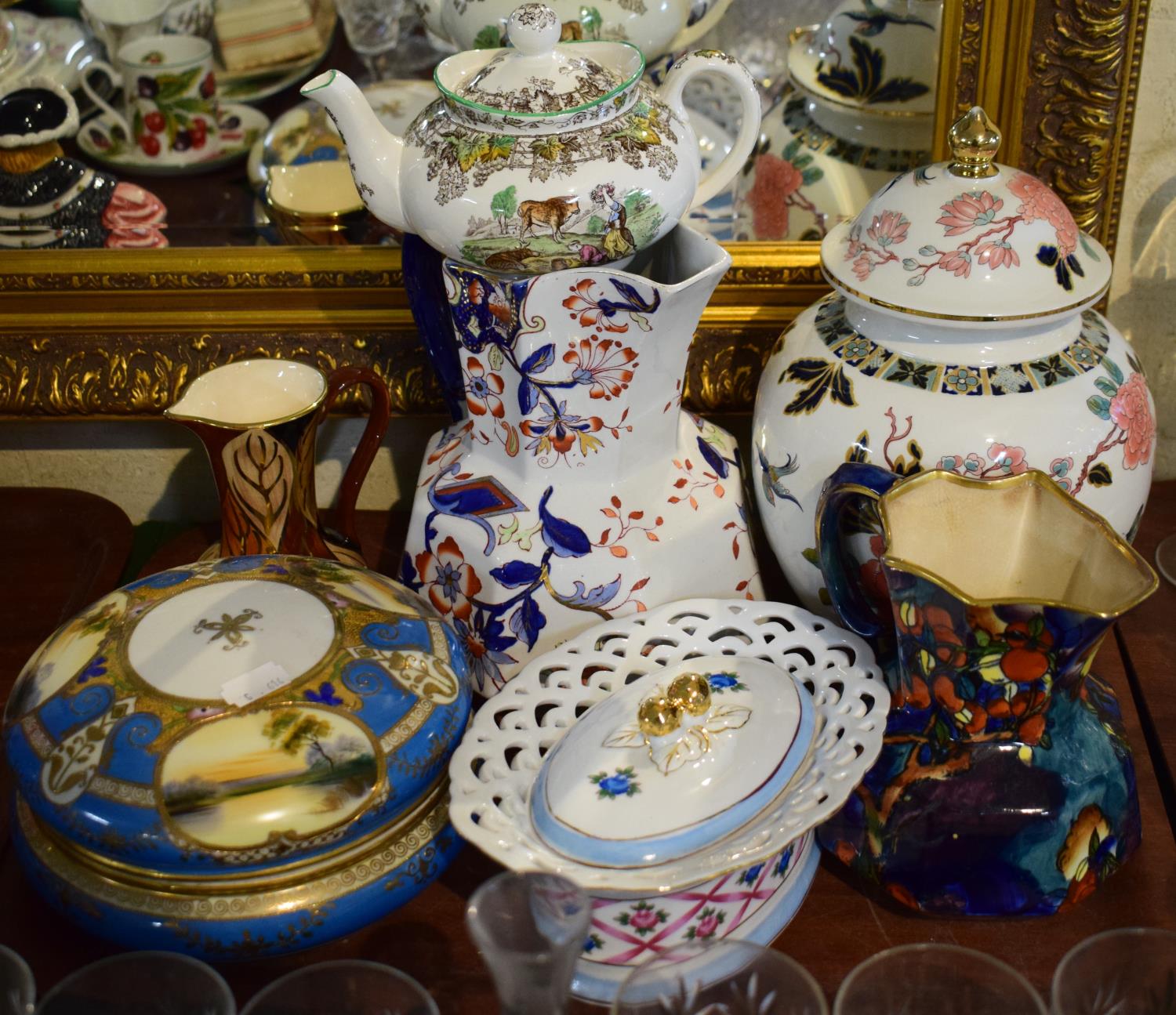 A Tray of Ceramics to Include Noritake Lidded Circular Bowl, Masons Jug, Spode's Byron Teapot,