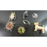 A Collection of Vintage Brooches to Include Silver and Pearl Example, Danbury Mint Dog, Bronze
