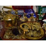 A Tray of Brasswares to Three Pairs of Candlesticks, Two Horse Shoe Stands, Kettle Stand and Kettle,