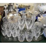 A Tray of Cut Glass Wines, Sherries and Port Glasses, Pair of Etched Cordial Decanters, Pair of