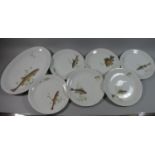 A Continental Hand Painted Fish Service to Include Oval Serving Plate and Six Decorated Plates