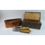 A Vintage Wooden Box Containing Tools Together with a Copper Planter Containing Wood Chisels