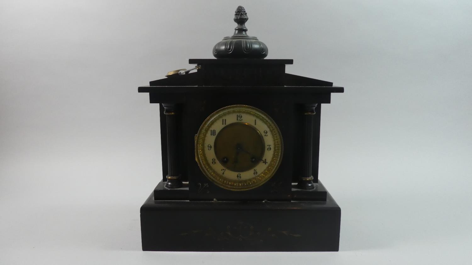 A Late 19th Century French Black Slate Mantle Clock of Architectural Form. 34.5cm high