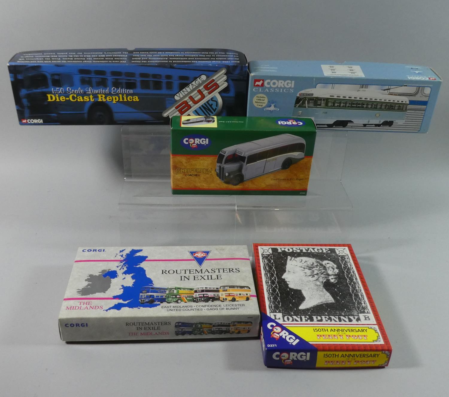 A Collection of Five Boxed Corgi Buses and Trams to include D37/1 150th Anniversary of the Penny
