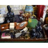 A Wooden Tray of Sundries to Include Carved African Figure, Anvil Paperweight, Miss England II