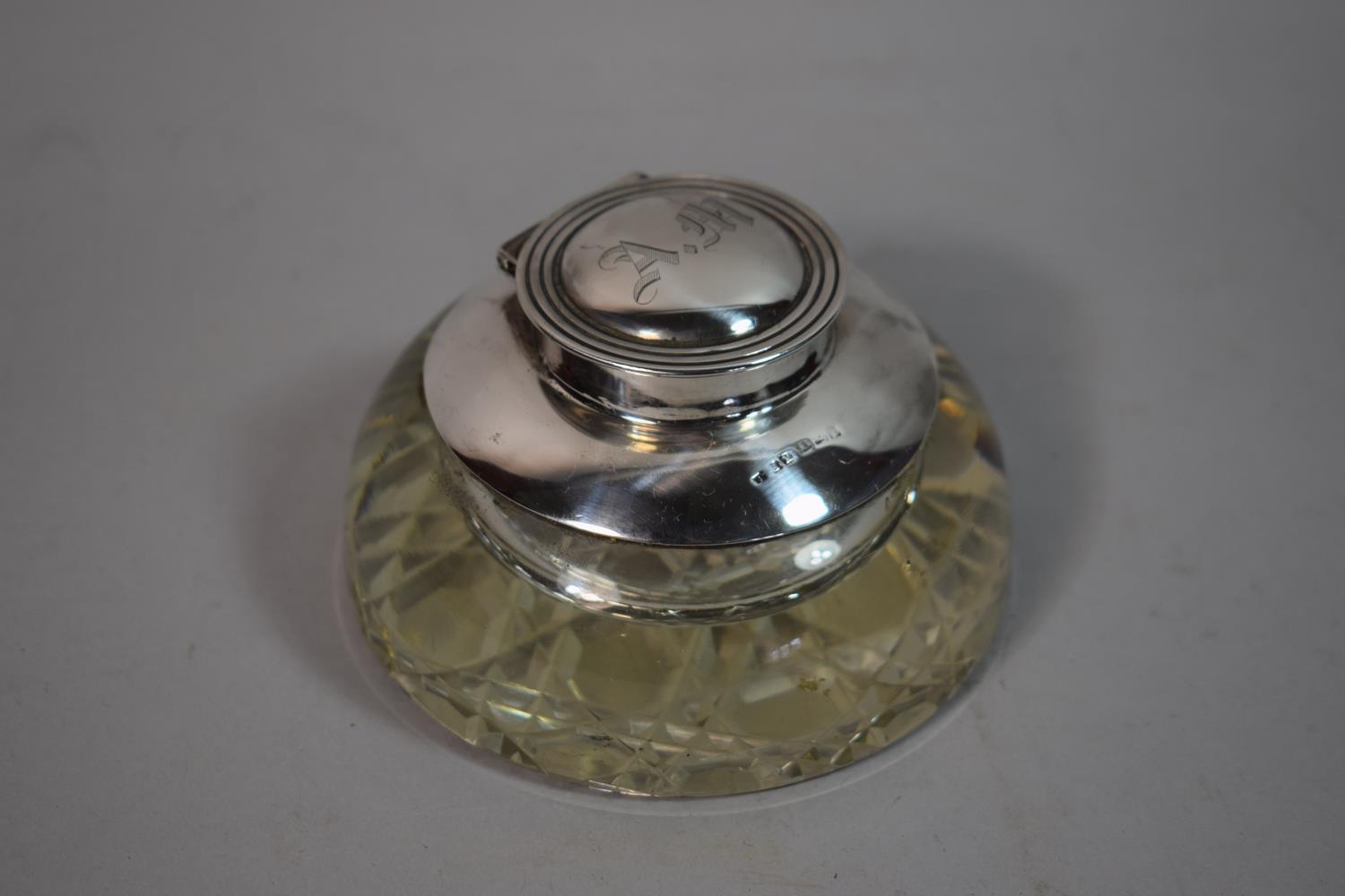 A Silver Mounted Cut Glass Desk Top Inkwell, the Hinge Lid Monogrammed AM, 10.5cm Diameter