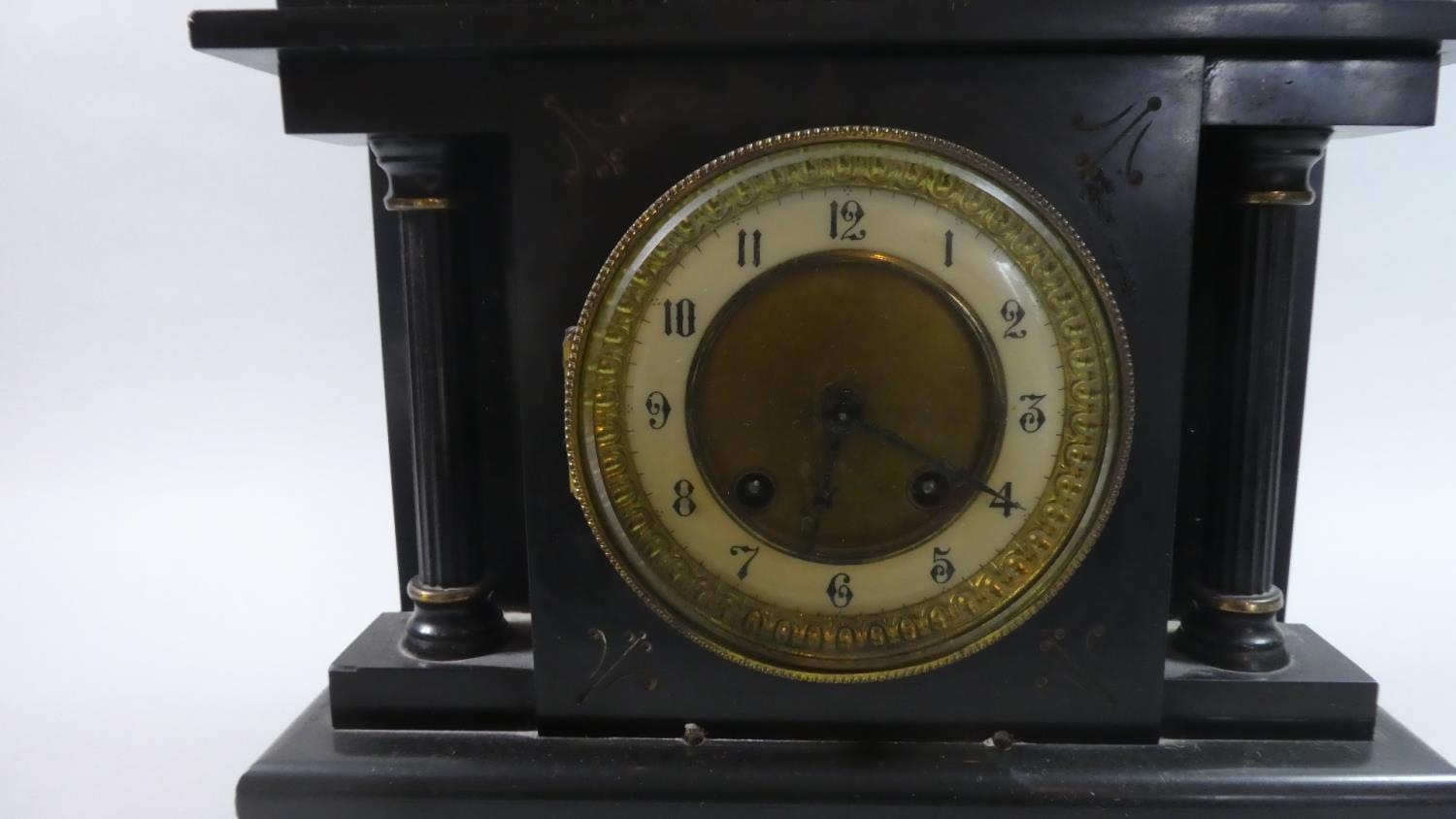 A Late 19th Century French Black Slate Mantle Clock of Architectural Form. 34.5cm high - Bild 2 aus 4