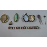 An Italian Micro Mosaic Brooch, Two Victorian Pinchbeck Agate and Ceramic Brooches and a Victorian