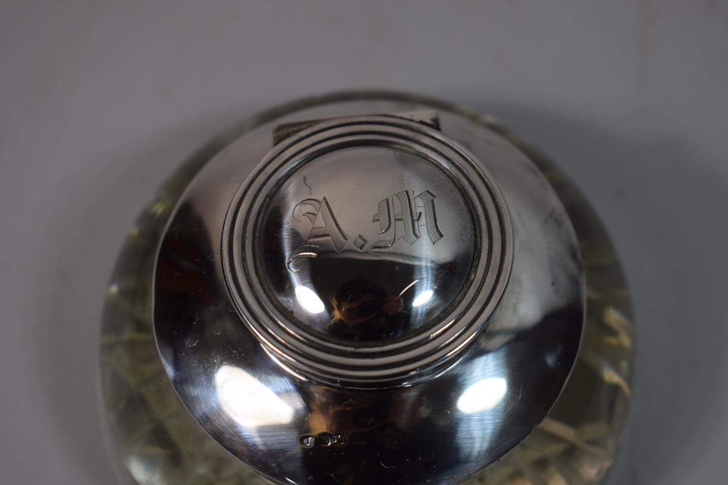 A Silver Mounted Cut Glass Desk Top Inkwell, the Hinge Lid Monogrammed AM, 10.5cm Diameter - Image 2 of 3