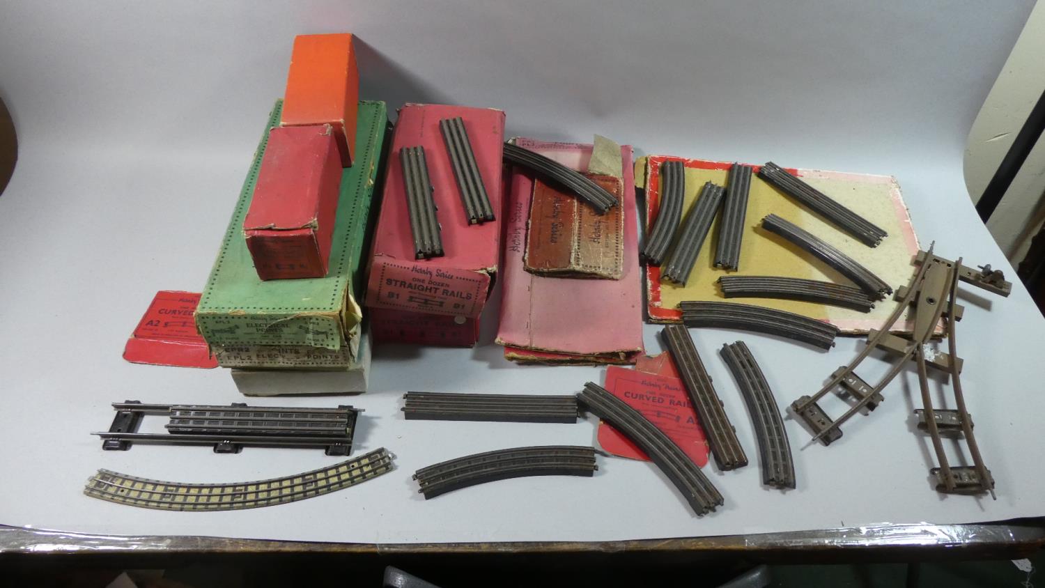 A Collection of Boxed and Loose Hornby Trains O Gauge Tin Plate Track to include Straights, Points