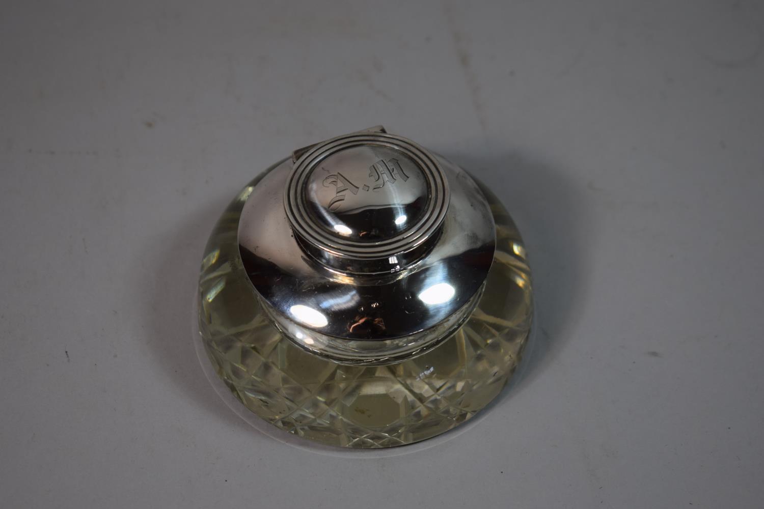 A Silver Mounted Cut Glass Desk Top Inkwell, the Hinge Lid Monogrammed AM, 10.5cm Diameter - Image 3 of 3