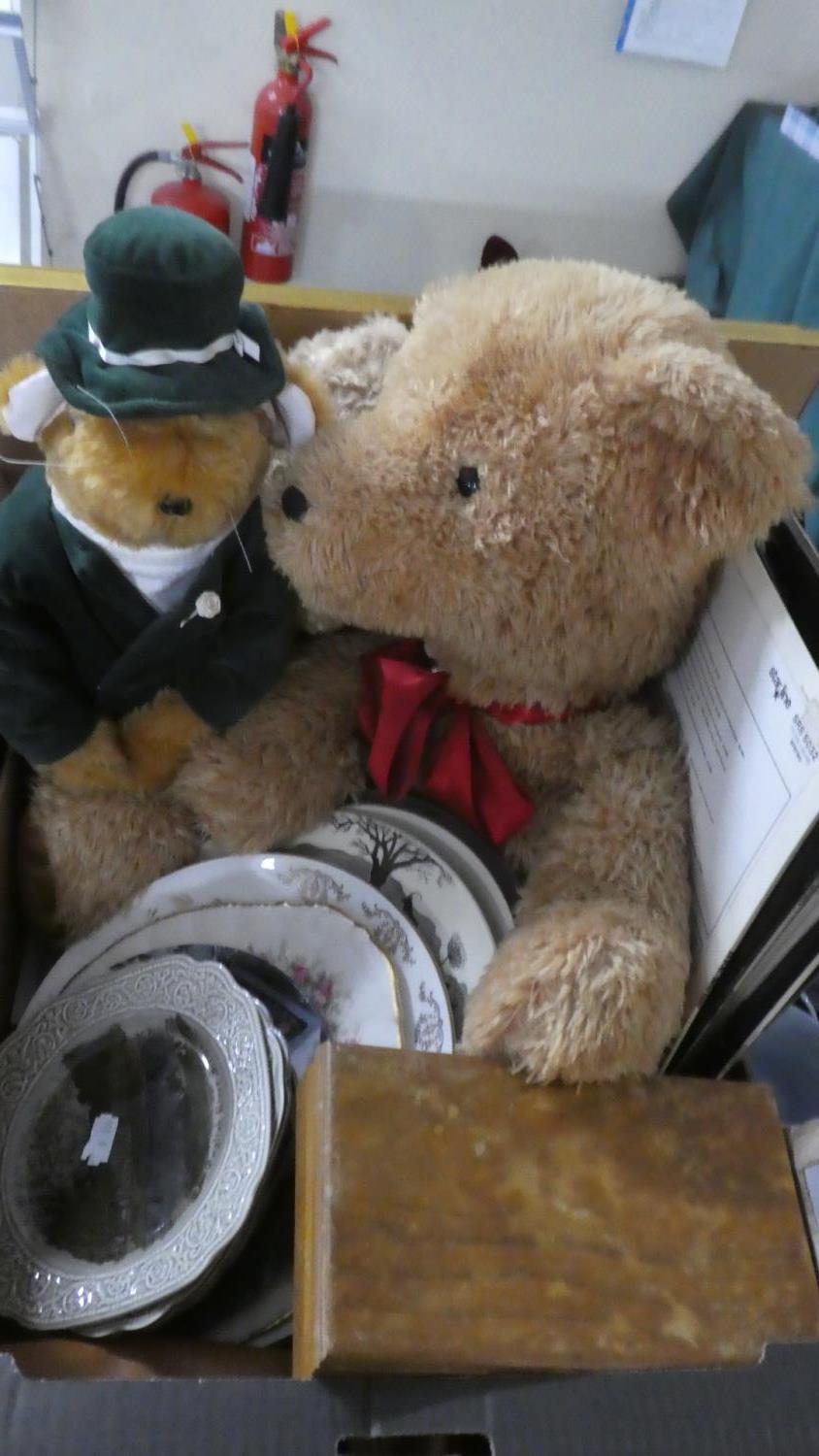 A Box of Sundries to Include Teddy Bears, Soft Toys, Shirley Bassey 33rpm Records, Ceramic Plates,