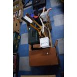 Two Boxes Containing Various Ladies Purses, Sporting Rackets, Leather Suitcase, 33rpm Records and