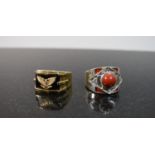 Two American Silver Rings, One with 14ct Eagle Mount