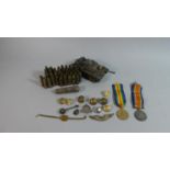 A Collection of Militaria to Include Model Tank, WWI Framed Miniature, Silver Swagger Stick