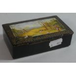 A 19th Century Lacquered Papier Mache Snuff Box, The Hinged Lid with Handpainted Sporting Scene,