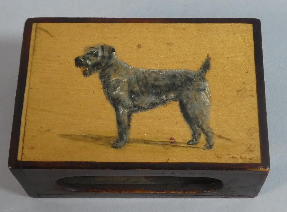 A Treen Matchbox Holder Decorated with Fox Terrier