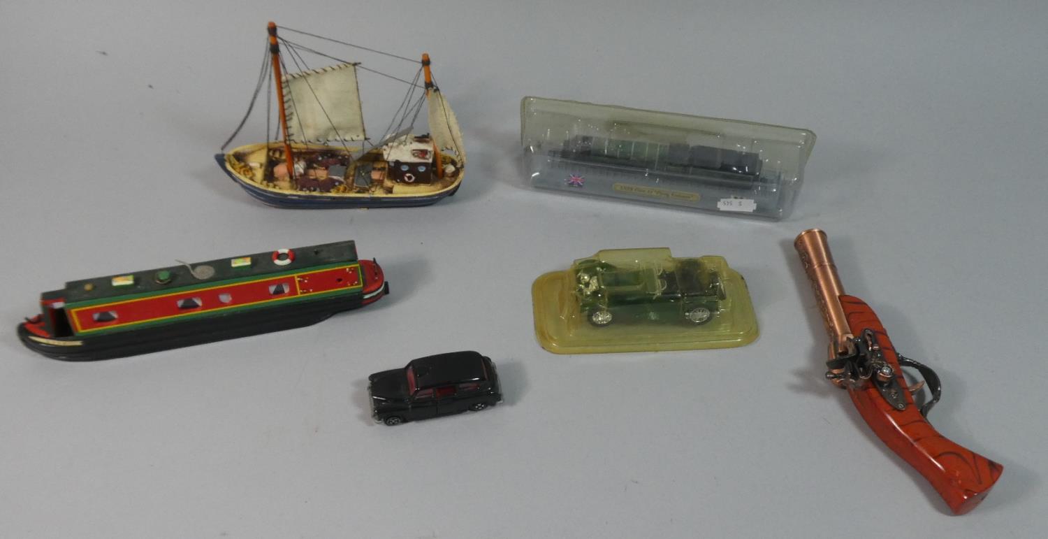 A Small Collection of Toys and Models to Include Canal Boat, Fishing Barge, Railway Engine,