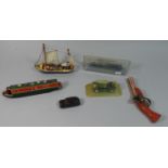 A Small Collection of Toys and Models to Include Canal Boat, Fishing Barge, Railway Engine,