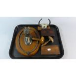 A Tray Containing Desk Top Calendar, Wooden Cribbage Box, Drawing Set, Horse Gong Stand etc