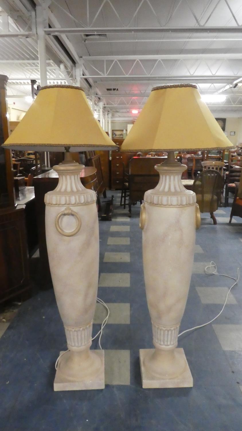 A Tall Pair of Ceramic Lamps on Tall Square Plinth Bases, 156cm High with Shades