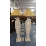 A Tall Pair of Ceramic Lamps on Tall Square Plinth Bases, 156cm High with Shades