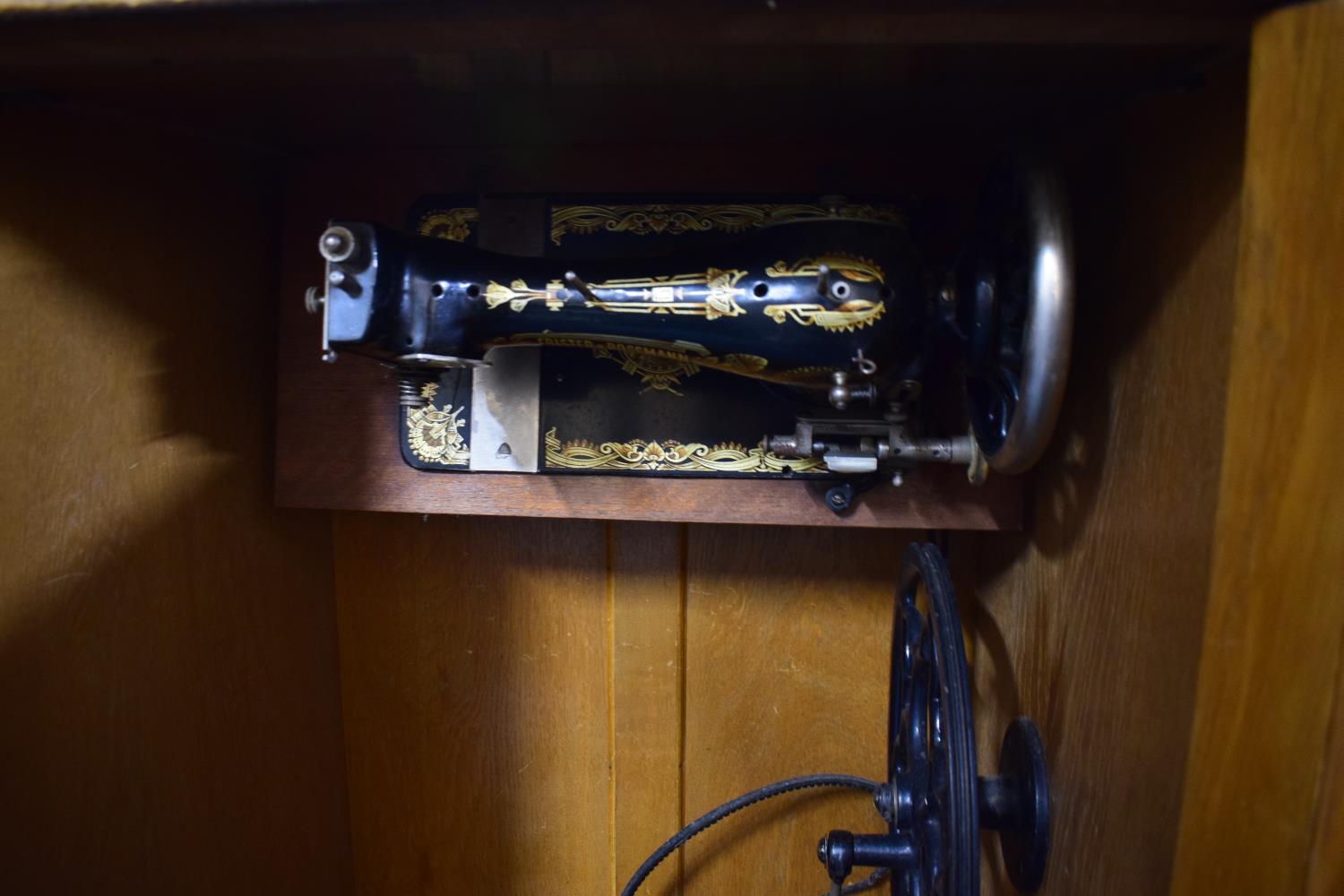 A Cabinet Containing Treadle Frister and Rossmann Sewing Machine, Locked and No Key, 90cm Wide - Image 3 of 3